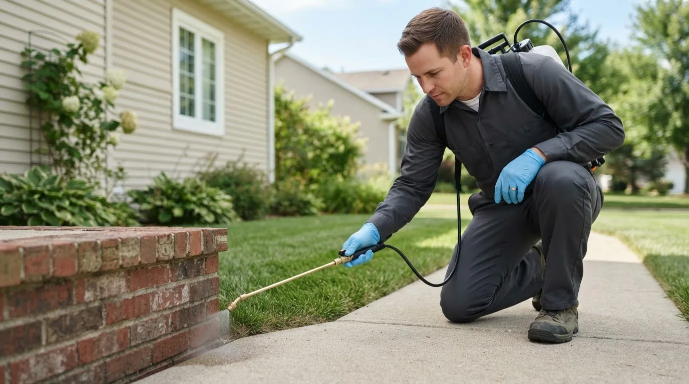 Pest control technician treating a home near Moravia, IA