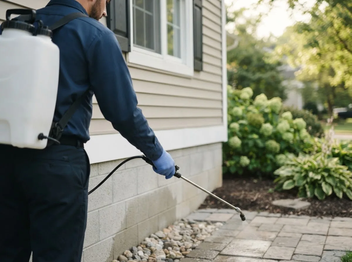 Pest control technician inspecting a home in Moravia, IA
